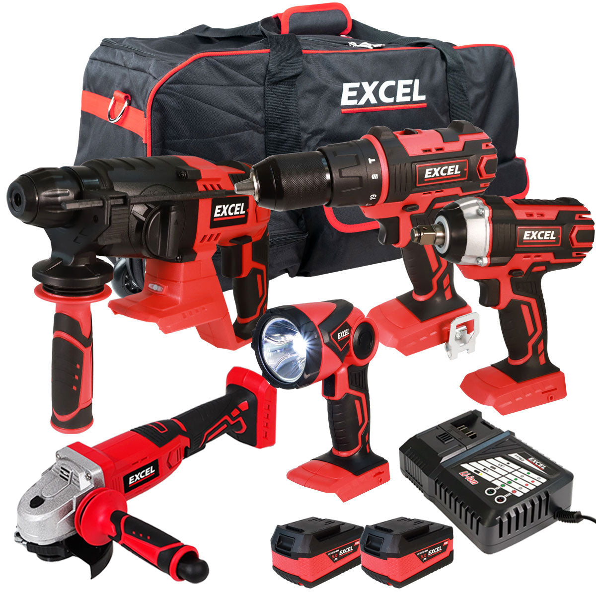 Excel 18V 5 Piece Cordless Power Tool Kit with 2 x 5.0Ah Batteries Smart Charger & 26
