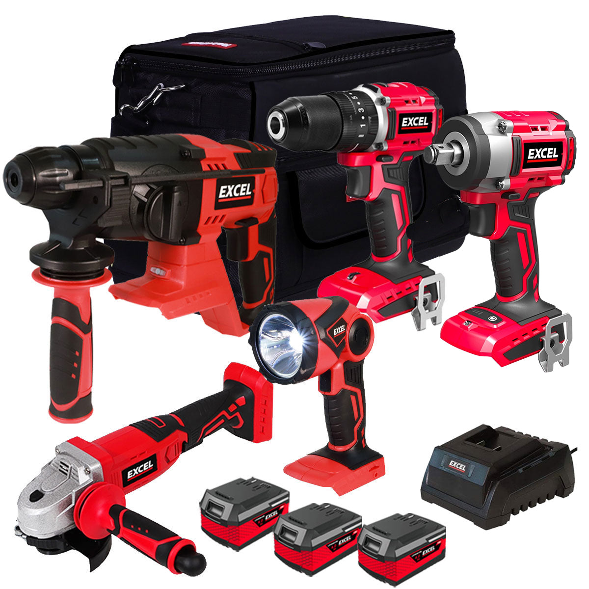 Excel 18V 5 Piece Cordless Power Tool Kit with 3 x 4.0Ah Batteries Charger & 20