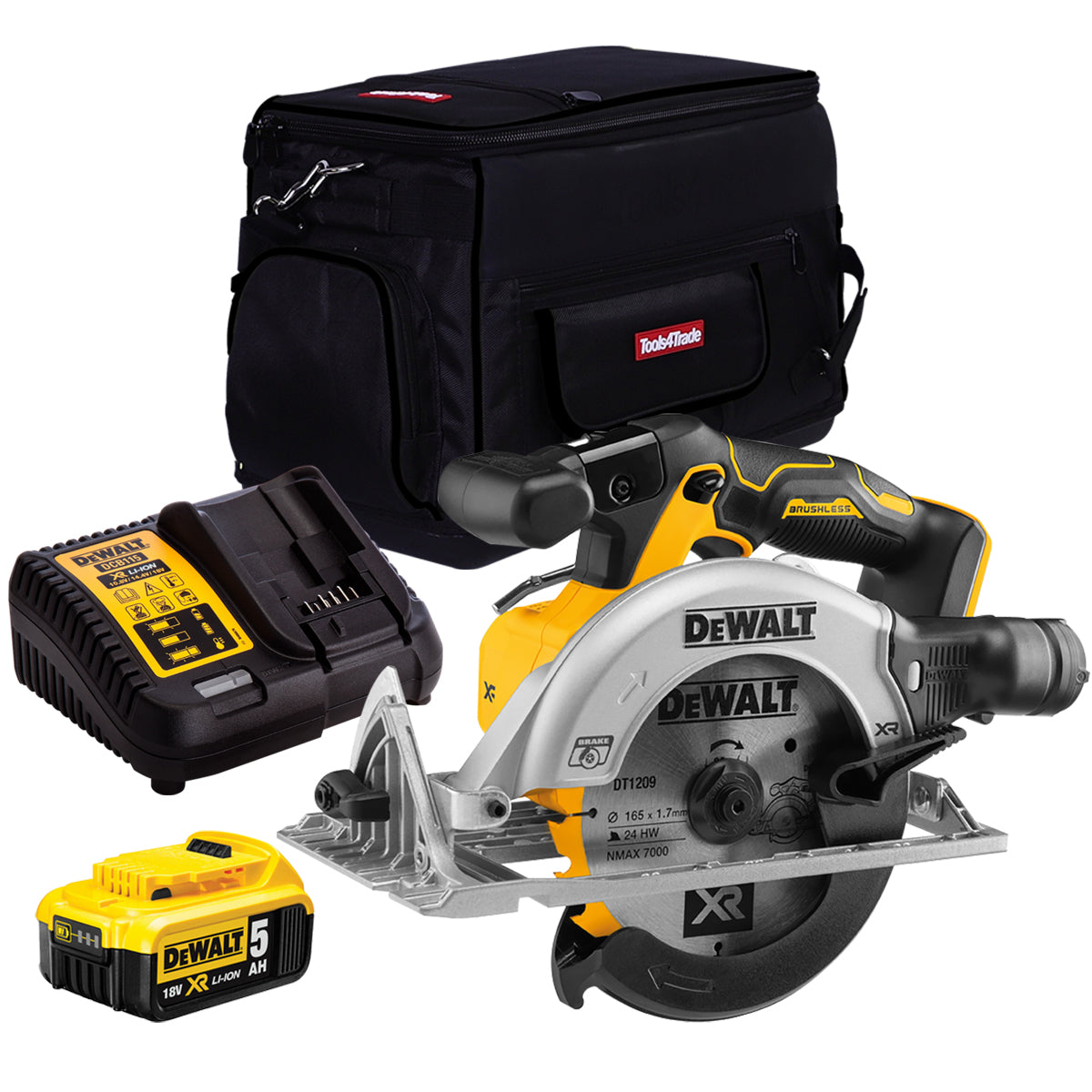 Dewalt DCS565P1 18V XR 165mm Brushless Circular Saw with 1 x 5.0Ah Batteries & Charger in Bag