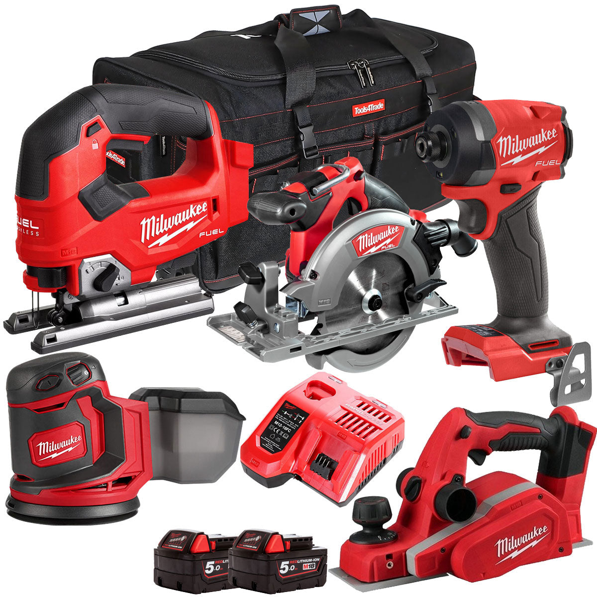 Milwaukee M18PP5C-503B 18V FUEL Woodworking 5 Piece Kit with 2 x 5.0Ah Batteries & Charger 4933480469