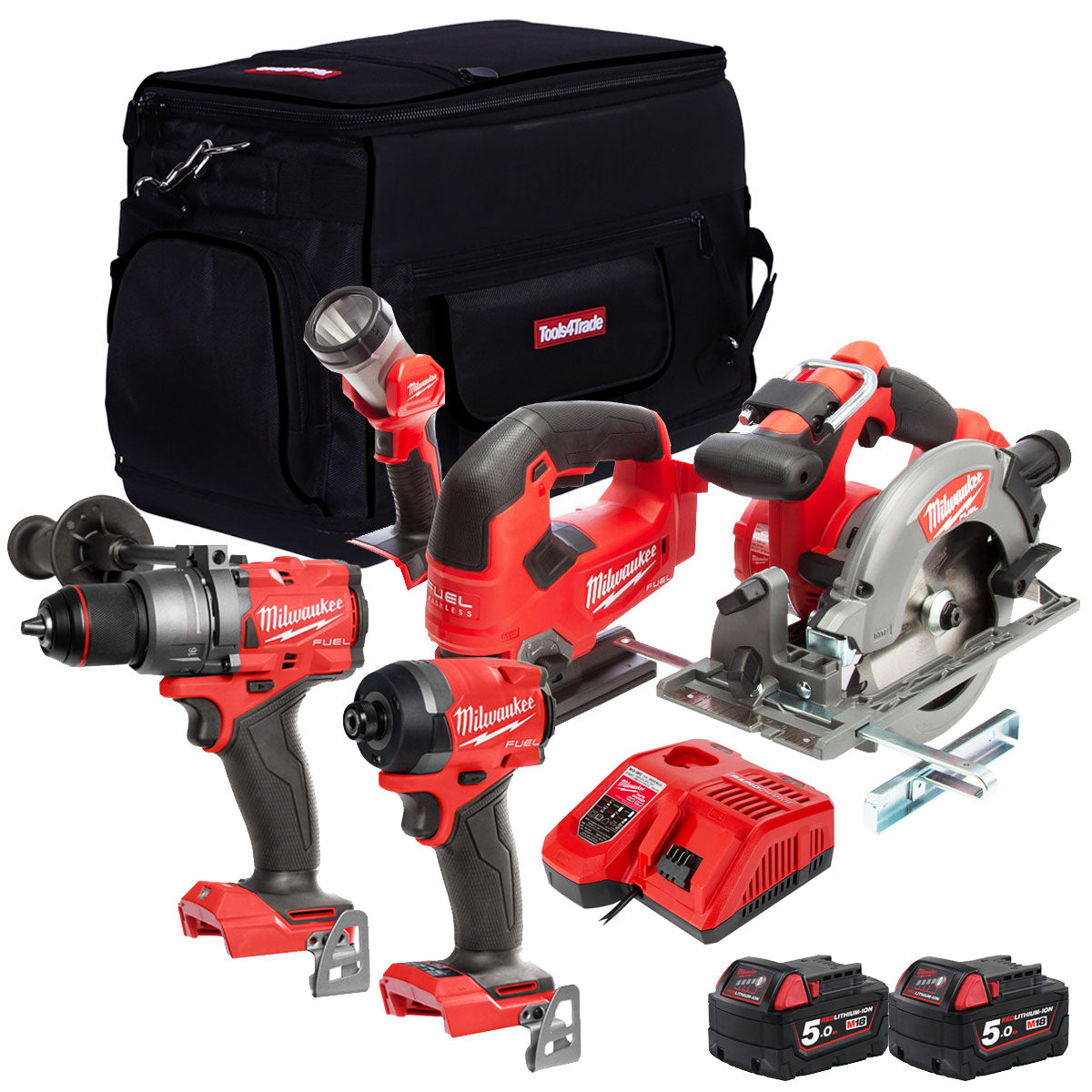 Milwaukee M18FPP5L2-503B 18V Fuel 5 Piece Kit with 2 x 5.0Ah Batteries Charger In Bag 4933479904