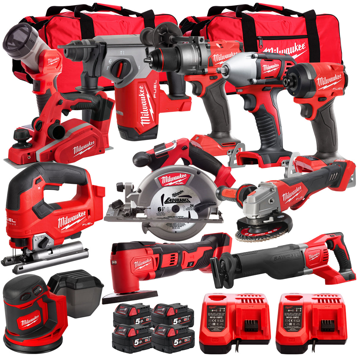 Milwaukee 18V Cordless 12 Piece Tool Kit with 4 x 5.0Ah Batteries & Charger in Bag T4TKIT-13503