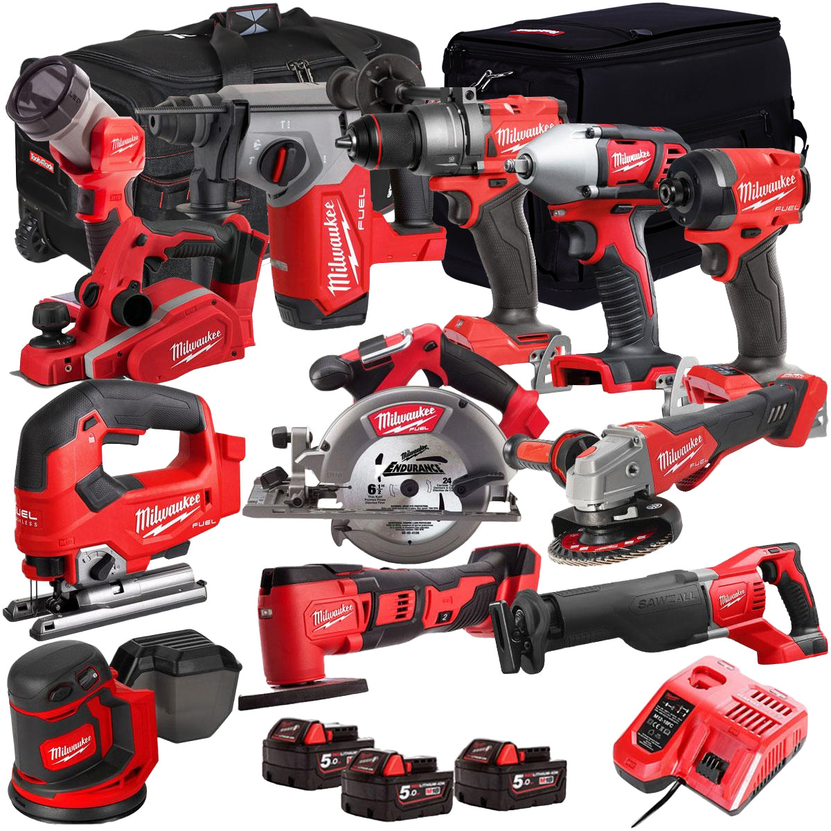 Milwaukee 18V Cordless 12 Piece Tool Kit with 3 x 5.0Ah Batteries & Charger in Bag T4TKIT-13503