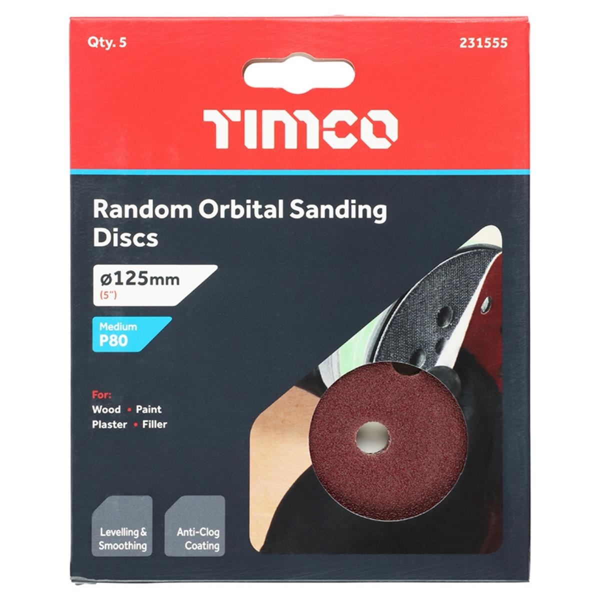 Timco 125mm Hook & Loop Random Orbital Sanding Discs 80 Grit Pack of 5 - 231555