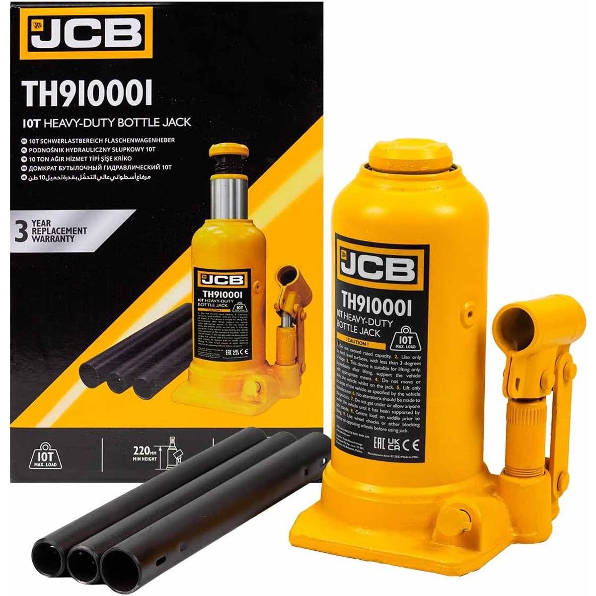 JCB TH910001 10 Tonne Heavy-Duty Automotive Hydraulic Bottle Jack, 488mm Maximum Lift
