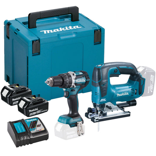 Makita DLX2202TJ1 18V LXT Brushless Combi Drill & Jigsaw Combo Kit With 2 x 5.0Ah Batteries Charger In Case