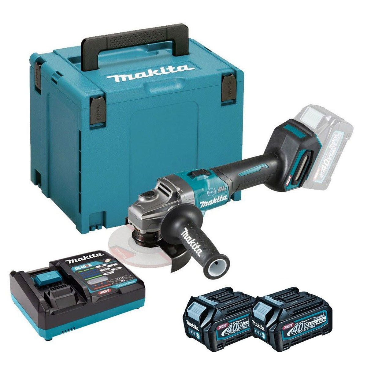 Makita GA005GD201 40V XGT Brushless 125mm Angle Grinder With 2 x 2.5Ah Battery, Charger & Case