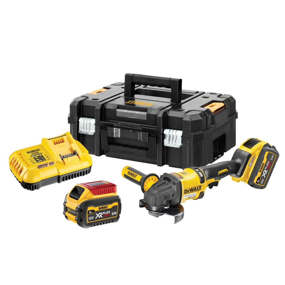 Dewalt DCG418T2-GB 54V XR Flexvolt Brushless 125mm Angle Grinder with 2 x 2.0Ah Batteries, Charger & Case