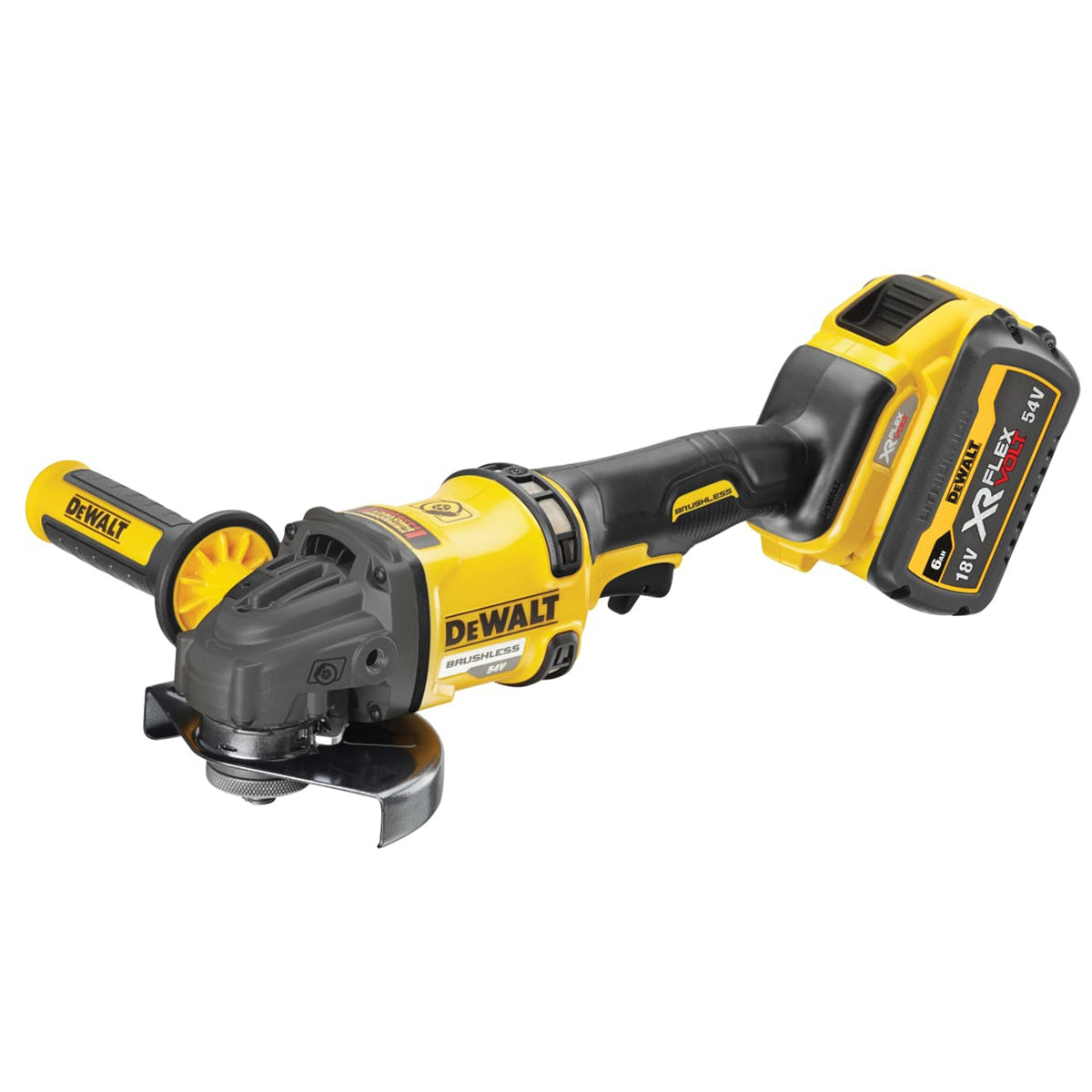 Dewalt DCG418T2-GB 54V XR Flexvolt Brushless 125mm Angle Grinder with 2 x 2.0Ah Batteries, Charger & Case