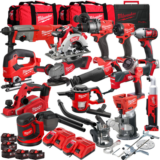 Milwaukee 18V Cordless 15 Piece Tool Kit with 5 x 5.0Ah Batteries & Charger in Bag T4TM-12