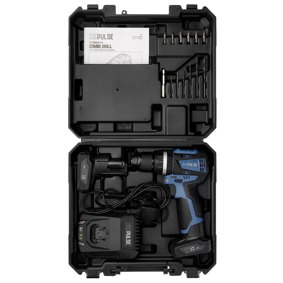 Draper DX12DC4ABC DXPULSE 12V Combi Drill Kit With 2 x 4.0Ah Batteries & Fast Charger 27885