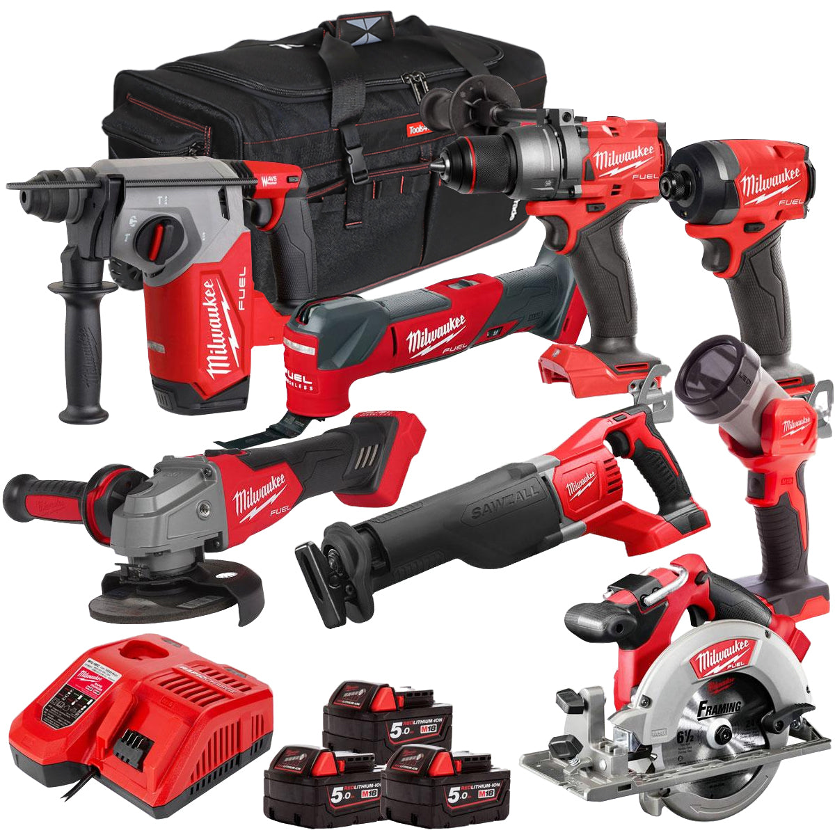 Milwaukee 18V 8 Piece Power Tool Kit with 3 x 5.0Ah Batteries T4TM-21