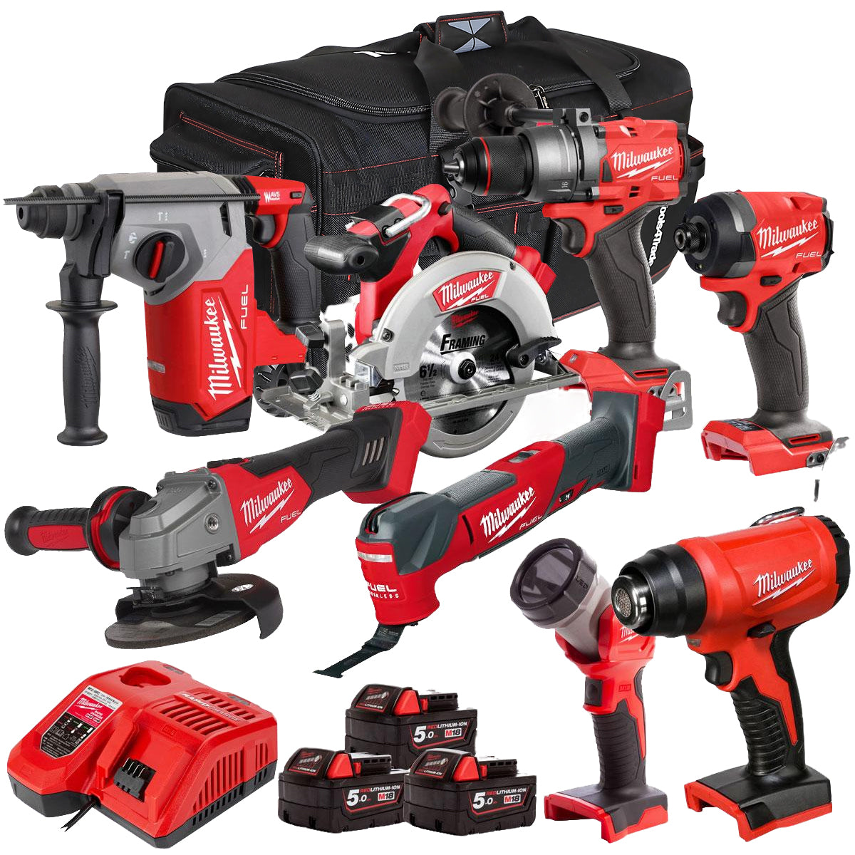 Milwaukee 18V 8 Piece Power Tool Kit with 3 x 5.0Ah Batteries T4TM-25