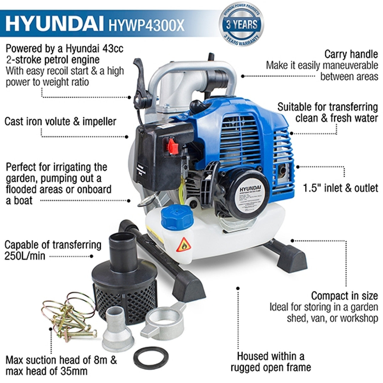 Hyundai HYWP4300X 35mm Petrol Clean Water Pump, Powerful 43cc 2-stroke & 250L/min Flow Rate