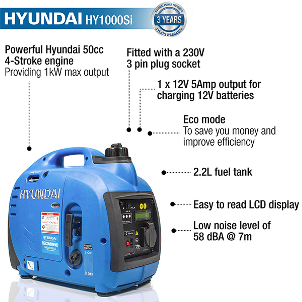 Hyundai HY1000Si Petrol Inverter Generator, Portable, Lightweight & Style, Low Noise 1000W/230V