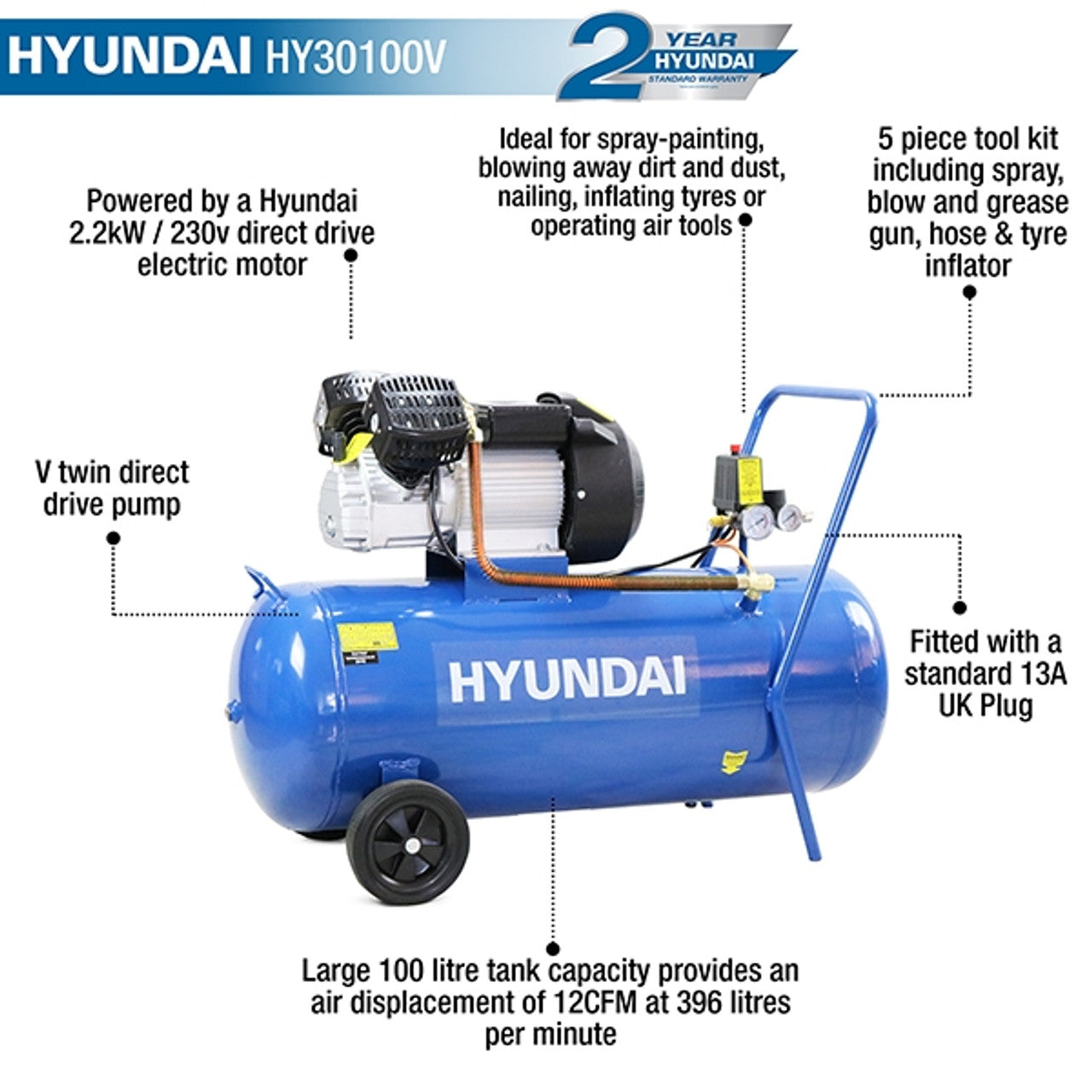 Hyundai HY30100V 100L Air Compressor 230V