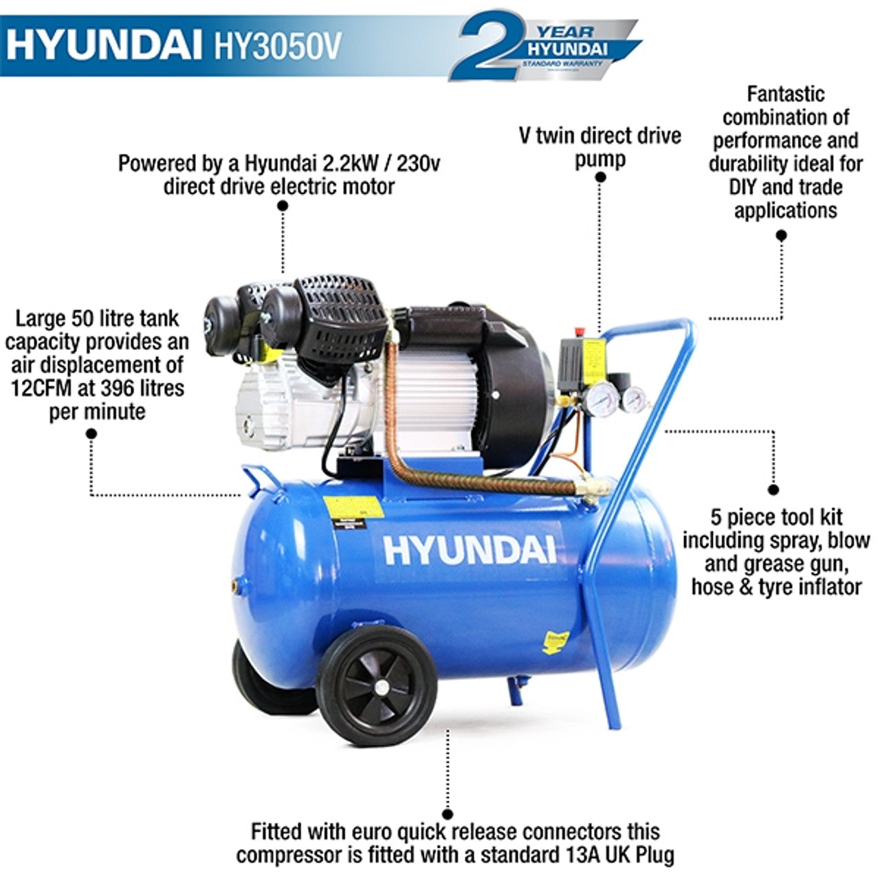 Hyundai HY3050V 50L Air Compressor 230V