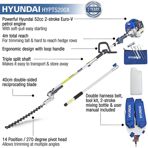 Hyundai HYPT5200X 52cc Petrol Pole Hedge Trimmer Pruner