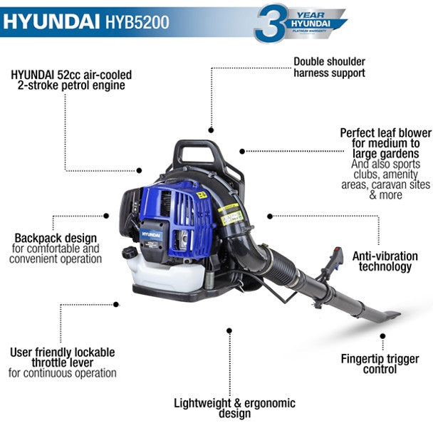 Hyundai HYB5200 52cc 2-Stroke Backpack Petrol Leaf Blower