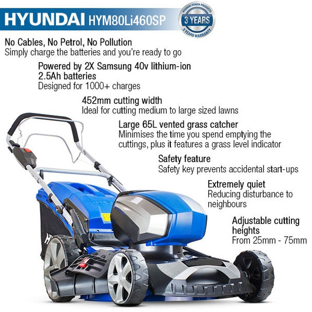 Hyundai HYM80Li460SP 80V Cordless Self Propelled Lawnmower 45cm 2 x Batteries & Charger