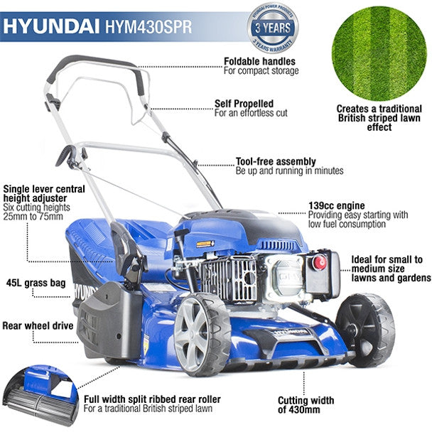 Hyundai HYM430SPR 43cm Self-Propelled Petrol Roller Lawnmower, 25-75mm Cuts & Rear Discharge