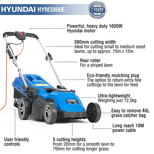 Hyundai HYM3800E 38cm Electric Lawn Mower with Rear Roller, Mulch Function & 40L Grass Bag 230V/1600W