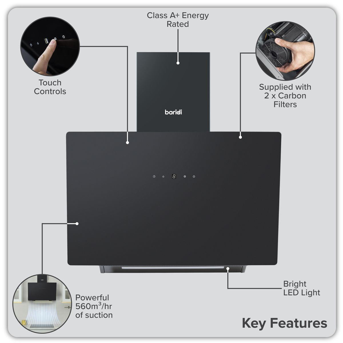 Sealey DH105 Baridi Angled Chimney Cooker Hood with Touch Controls & Carbon Filters 60cm Black Glass