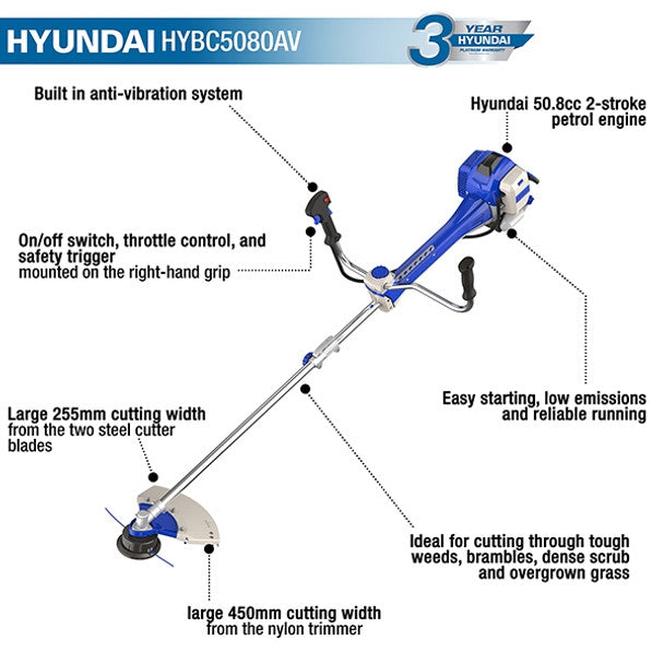 Hyundai HYBC5080AV 50.8cc Petrol Grass Trimmer Brushcutter with 45cm Cutting Width