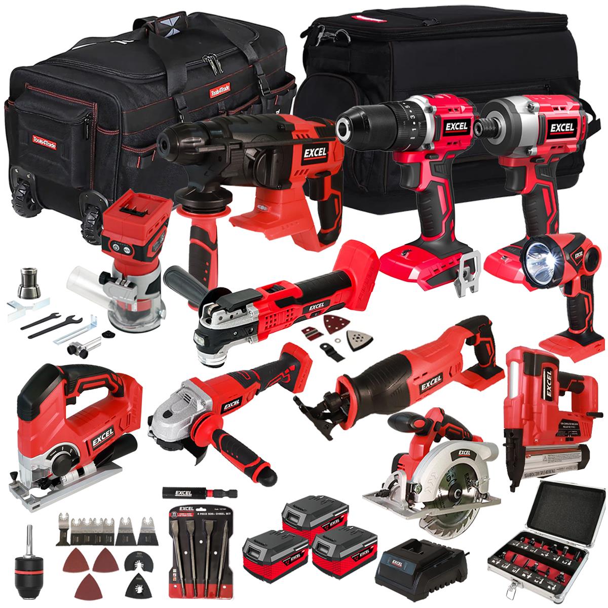 Excel 18V 11 Piece Power Tool Kit with 3 x 4.0Ah Battery Charger & Accessories EXLKIT-17306