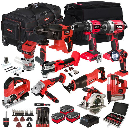 Excel 18V 11 Piece Power Tool Kit with 3 x 4.0Ah Battery Charger & Accessories EXLKIT-17306