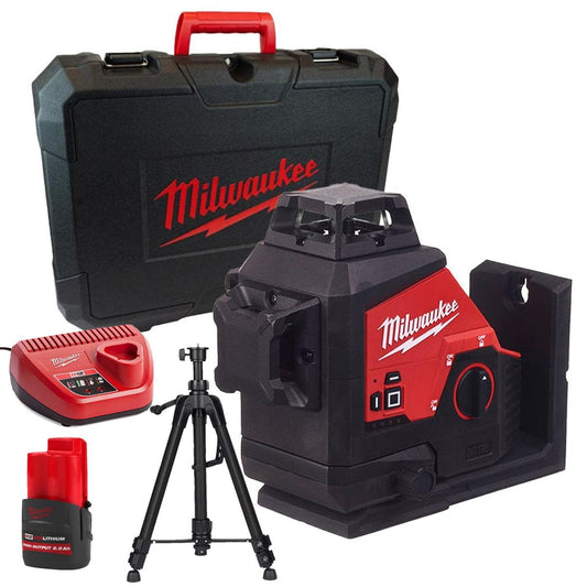 Milwaukee M123PL-0C 12V 360° 3-Plane Green Laser with 1 x 2.5Ah Battery Charger Case & Laser Tripod