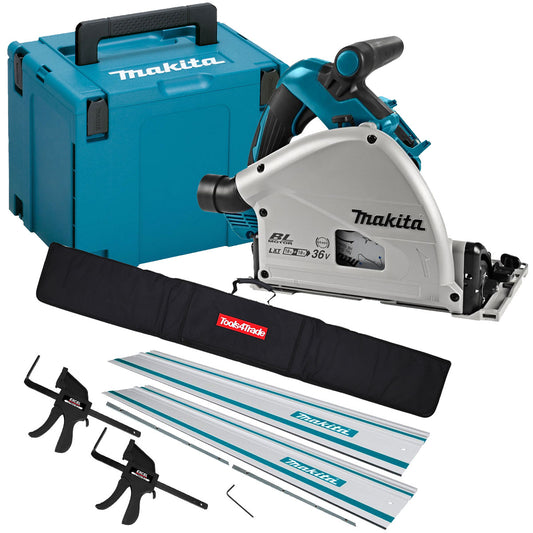 Makita DSP601ZJU 36V Brushless AWS Plunge Saw + 2 x Guide Rail, Connector & Clamp Set