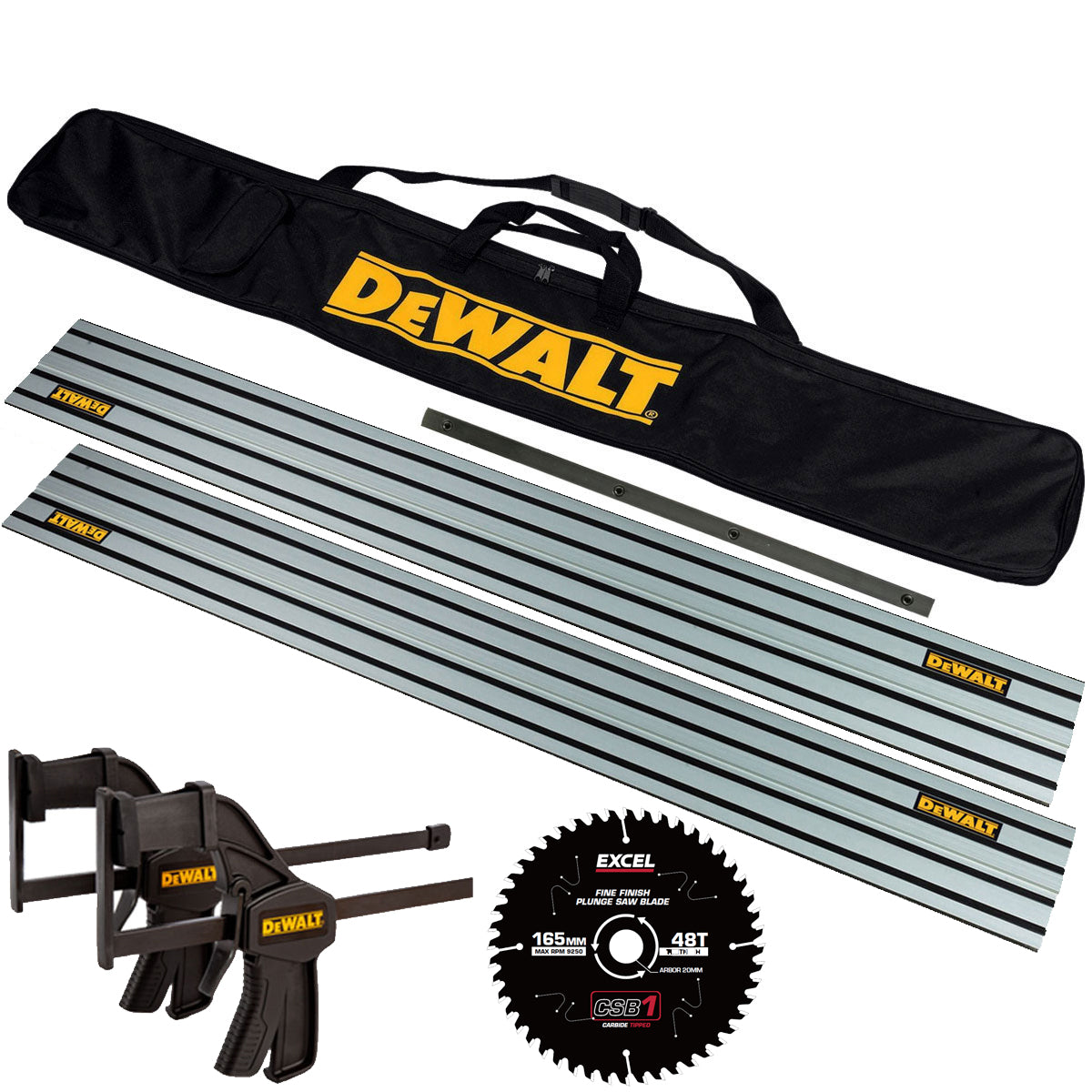 DeWalt Plunge Saw Kit 1.5m Guide Rail, Rail Bag, Connector, Twin Clamp, 48T Blade