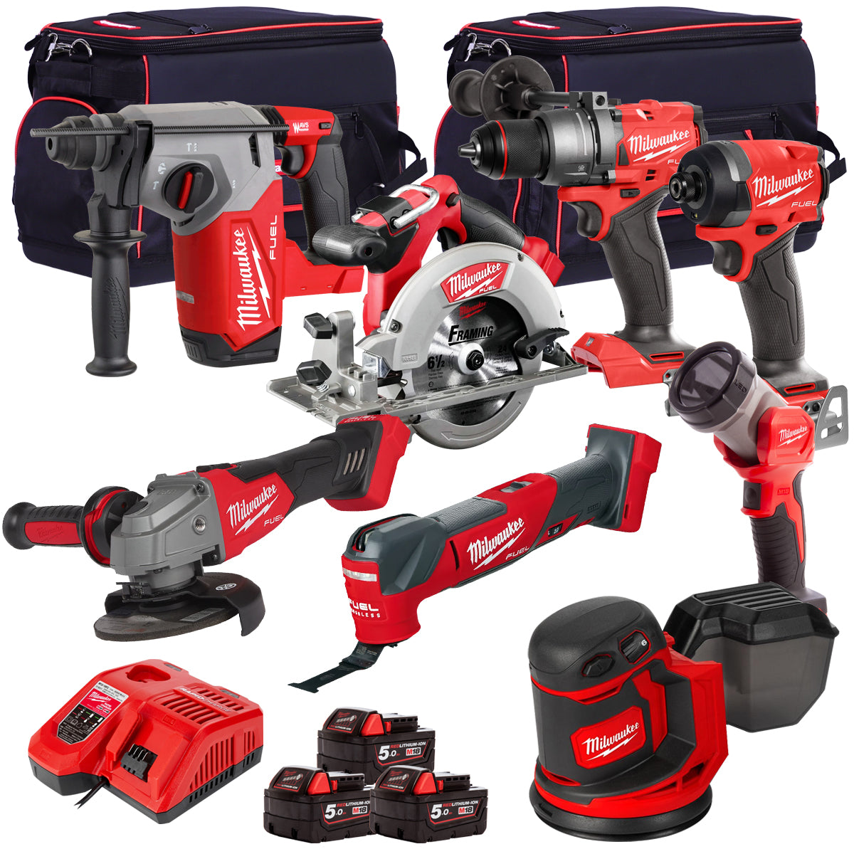Milwaukee 18V Cordless 8 Piece Tool Kit with 3 x 5.0Ah Batteries & Charger in Bag T4TM-1