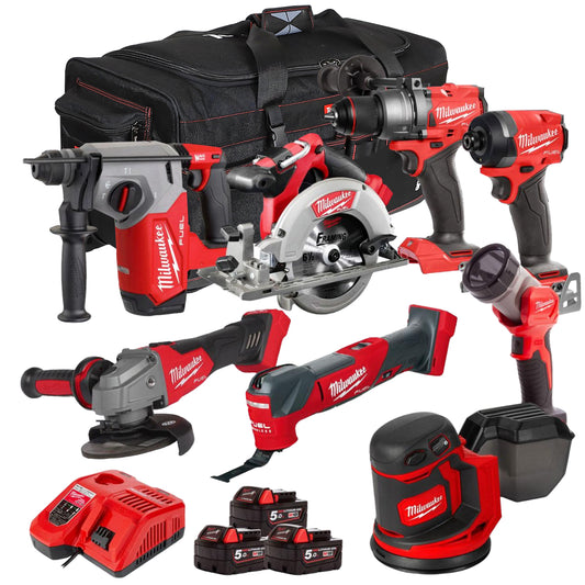 Milwaukee 18V Cordless 8 Piece Tool Kit with 3 x 5.0Ah Batteries & Charger in Bag T4TM-1