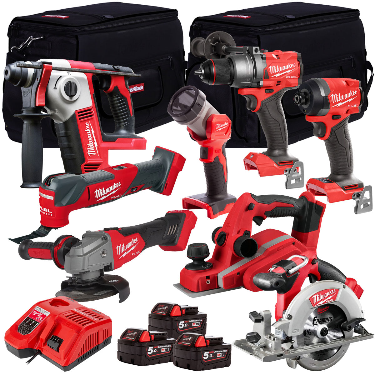 Milwaukee 18V Cordless 8 Piece Tool Kit with 3 x 5.0Ah Batteries & Charger in Bag T4TM-3