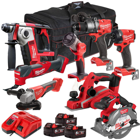 Milwaukee 18V Cordless 8 Piece Tool Kit with 3 x 5.0Ah Batteries & Charger in Bag T4TM-3