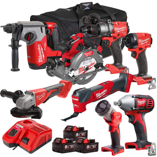 Milwaukee 18V Cordless 8 Piece Tool Kit with 3 x 5.0Ah Batteries & Charger in Bag T4TM-4