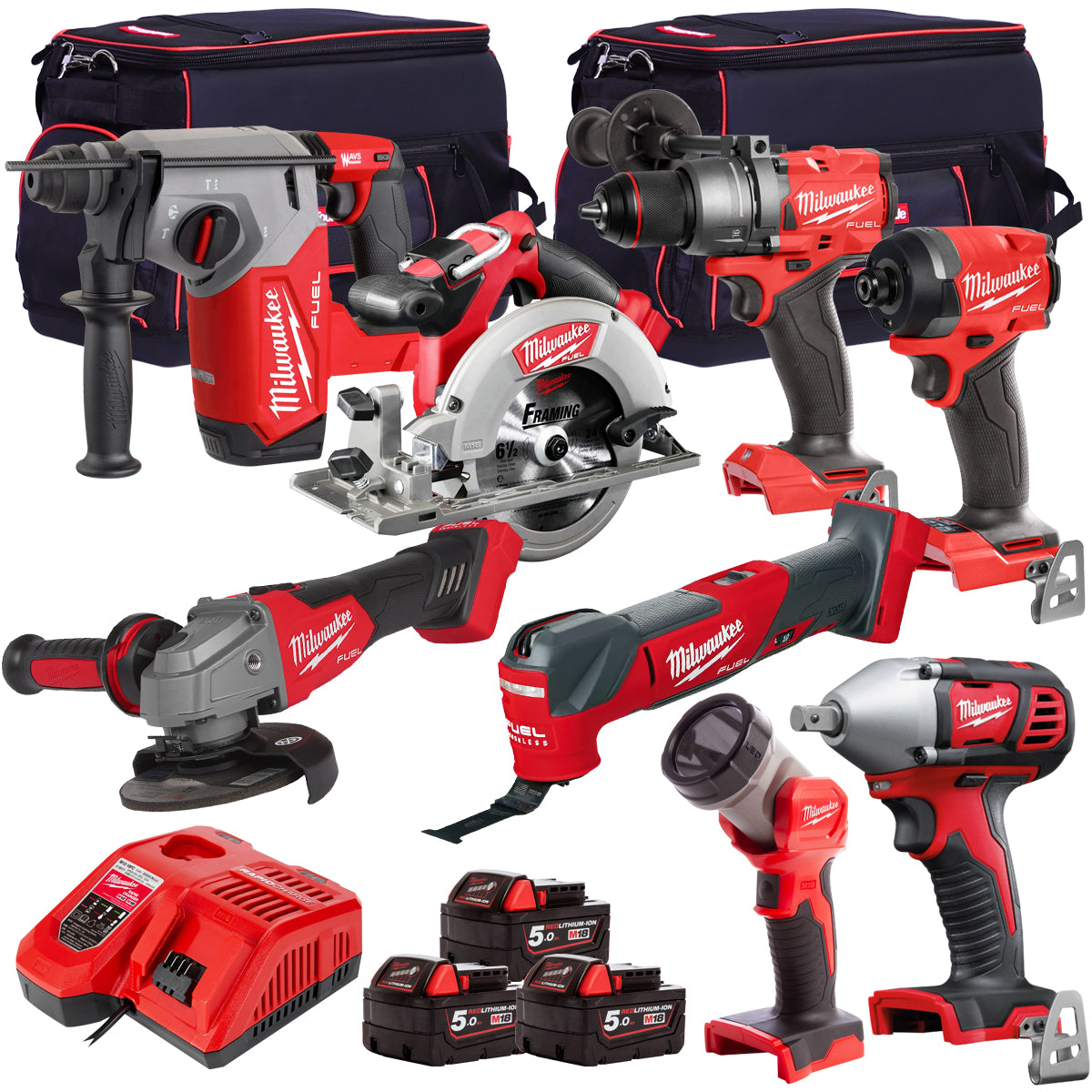 Milwaukee 18V Cordless 8 Piece Tool Kit with 3 x 5.0Ah Batteries & Charger in Bag T4TM-4