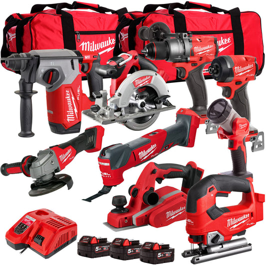 Milwaukee 18V Cordless 9 Piece Tool Kit with 3 x 5.0Ah Batteries & Charger in Bag T4TM-5