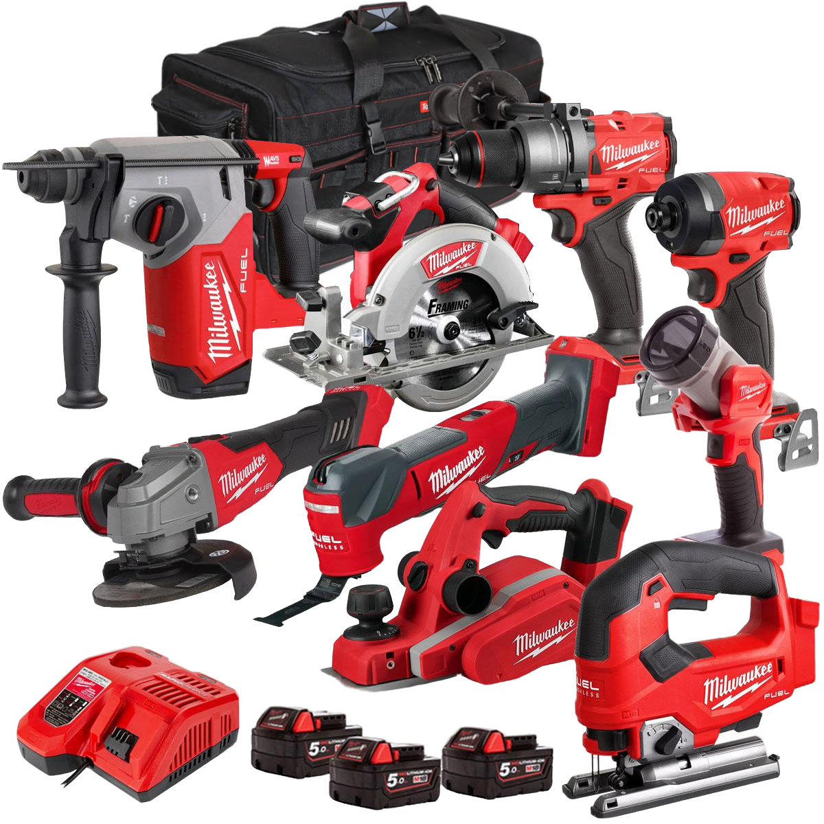 Milwaukee 18V Cordless 9 Piece Tool Kit with 3 x 5.0Ah Batteries & Charger in Bag T4TM-5