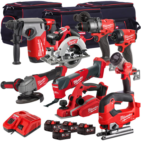 Milwaukee 18V Cordless 9 Piece Tool Kit with 4 x 5.0Ah Batteries & Charger in Bag T4TM-5