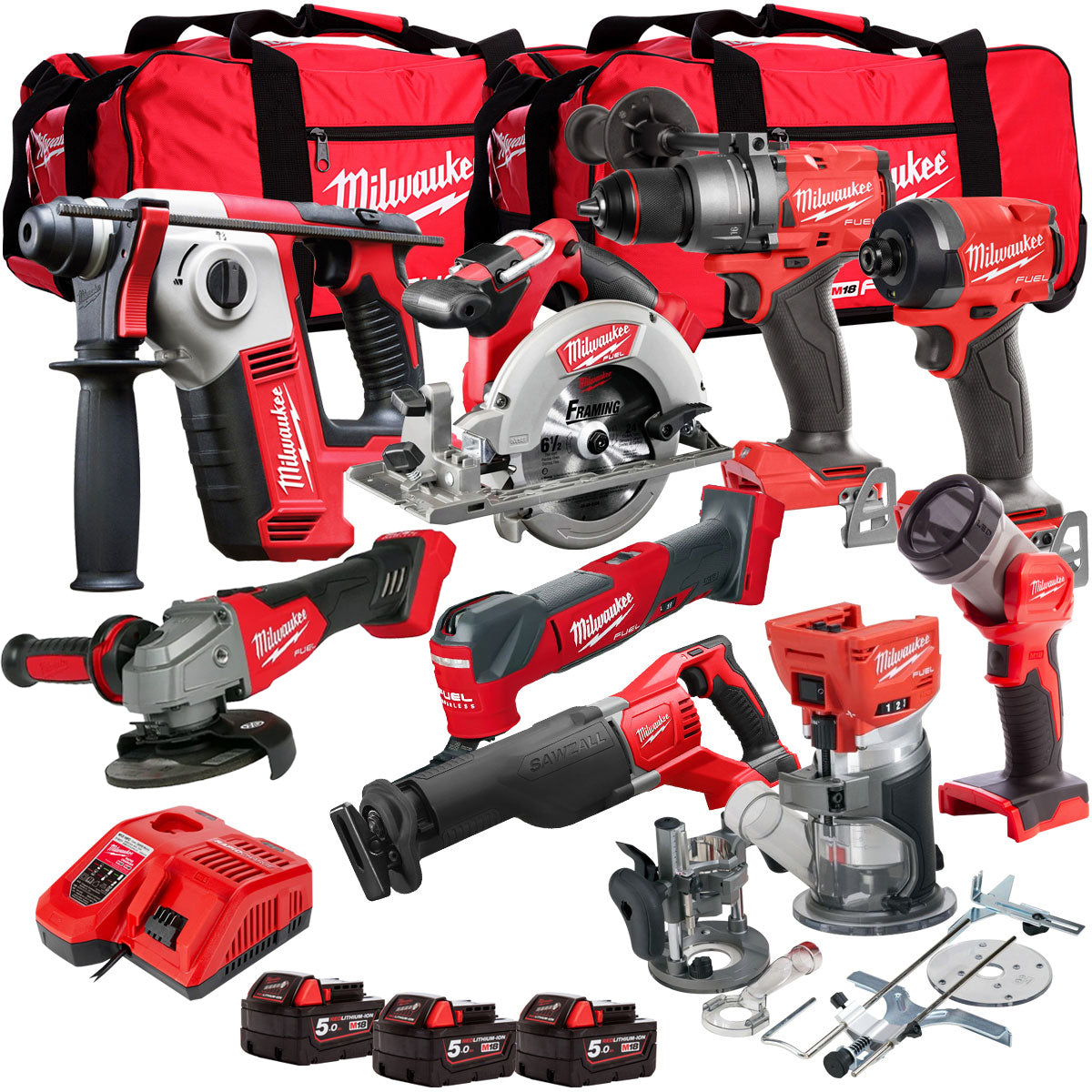 Milwaukee 18V Cordless 9 Piece Tool Kit with 3 x 5.0Ah Batteries & Charger in Bag T4TM-6