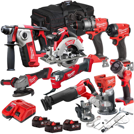 Milwaukee 18V Cordless 9 Piece Tool Kit with 3 x 5.0Ah Batteries & Charger in Bag T4TM-6