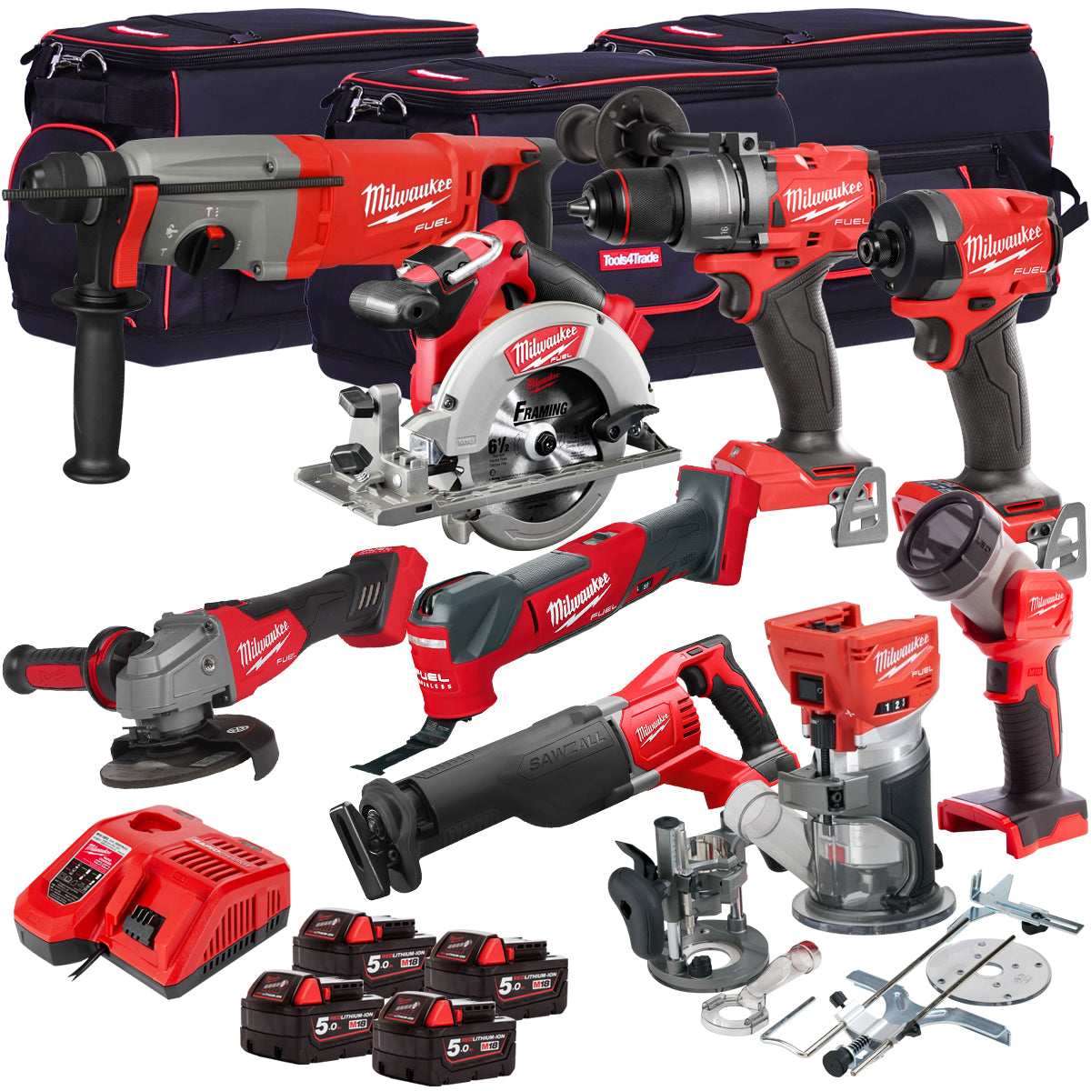 Milwaukee 18V Cordless 9 Piece Tool Kit with 4 x 5.0Ah Batteries & Charger in Bag T4TM-6