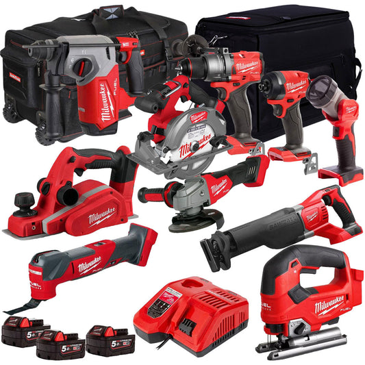 Milwaukee 18V Cordless 10 Piece Tool Kit with 3 x 5.0Ah Batteries & Charger in Bag T4TM-8