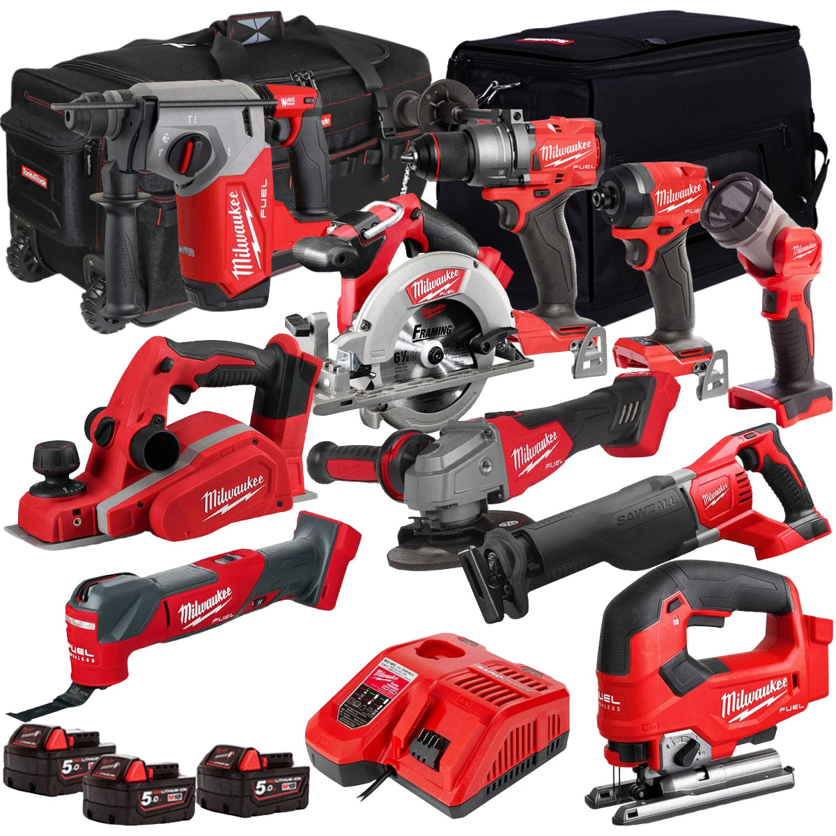 Milwaukee 18V Cordless 10 Piece Tool Kit with 3 x 5.0Ah Batteries & Charger in Bag T4TM-8