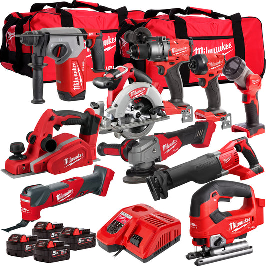 Milwaukee 18V Cordless 10 Piece Tool Kit with 4 x 5.0Ah Batteries & Charger in Bag T4TM-8