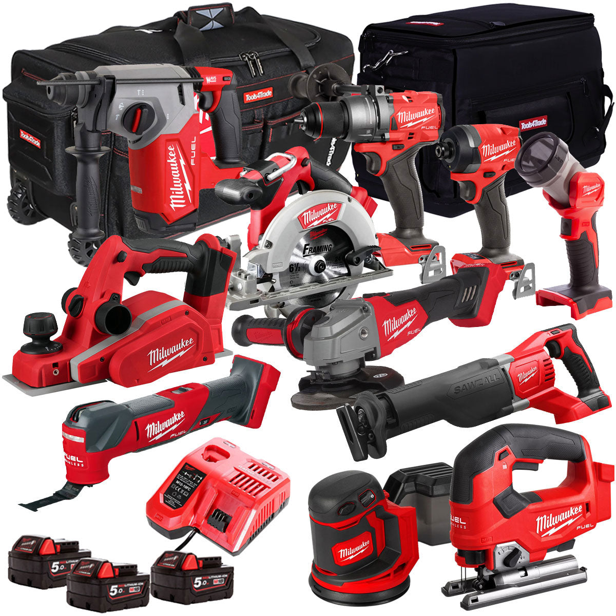 Milwaukee 18V Cordless 11 Piece Tool Kit with 3 x 5.0Ah Batteries & Charger in Bag T4TM-9