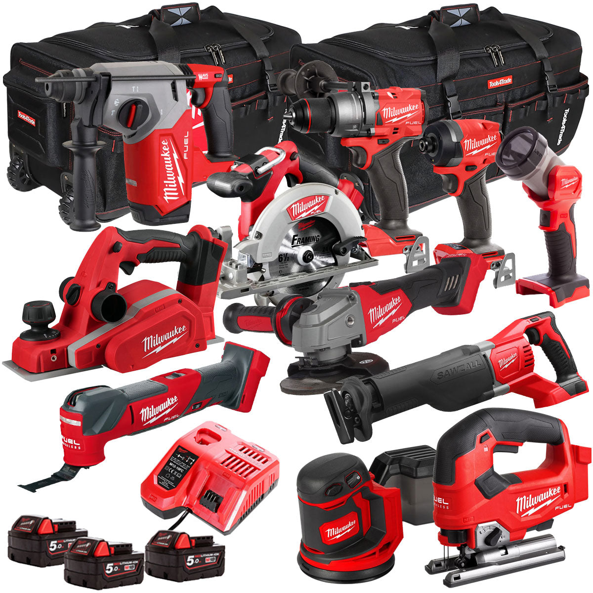 Milwaukee 18V Cordless 11 Piece Tool Kit with 3 x 5.0Ah Batteries & Charger in Bag T4TM-9